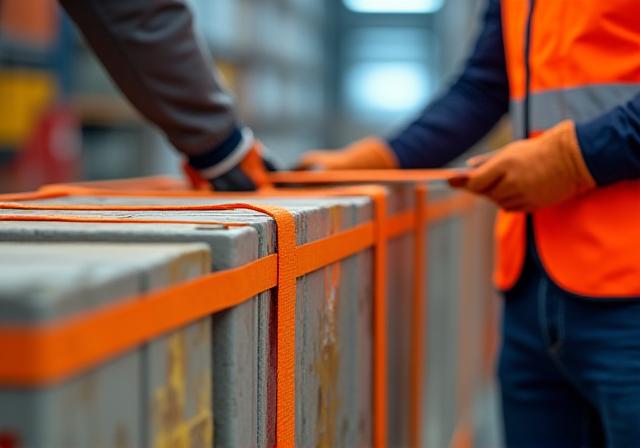 Workers safely securing heavy cargo